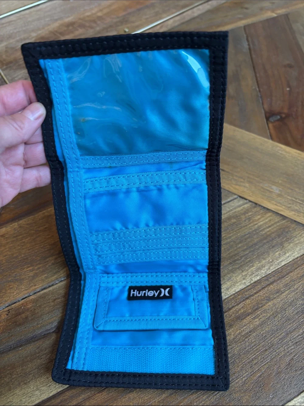 Hurley Black, White and Blue Striped Trifold Wallet